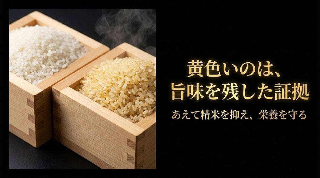 白米と、あえて精米を抑えて旨味と栄養を残し、少し黄色みがかった龍の瞳のお米を比較したイメージ。