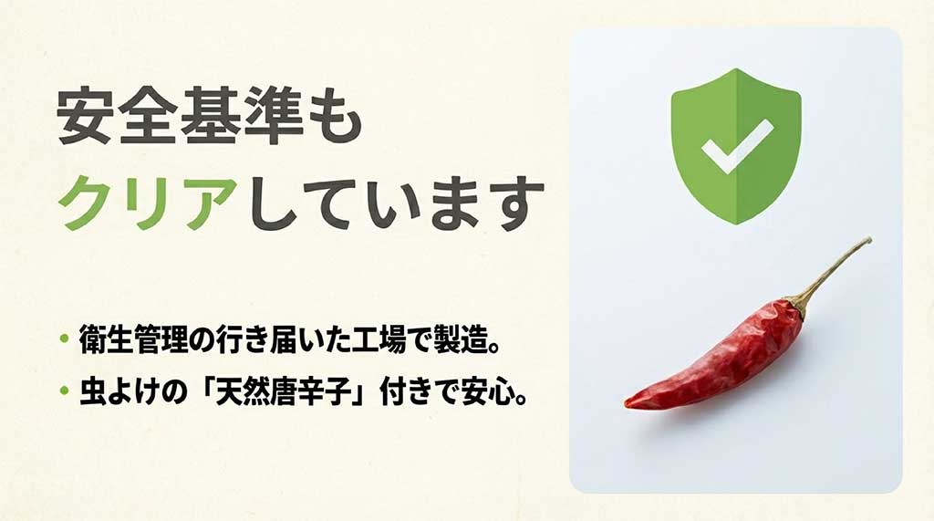 衛生管理された工場での製造と、虫よけの天然唐辛子が付いてくる安心・安全な品質管理