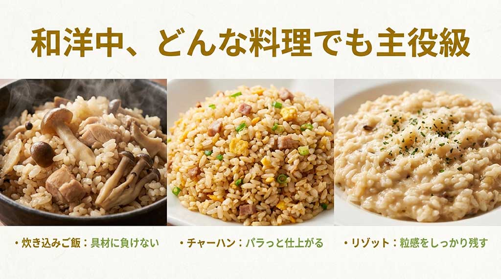 さがびよりを使った炊き込みご飯、チャーハン、リゾット。どんな料理にも合う粒感と汎用性