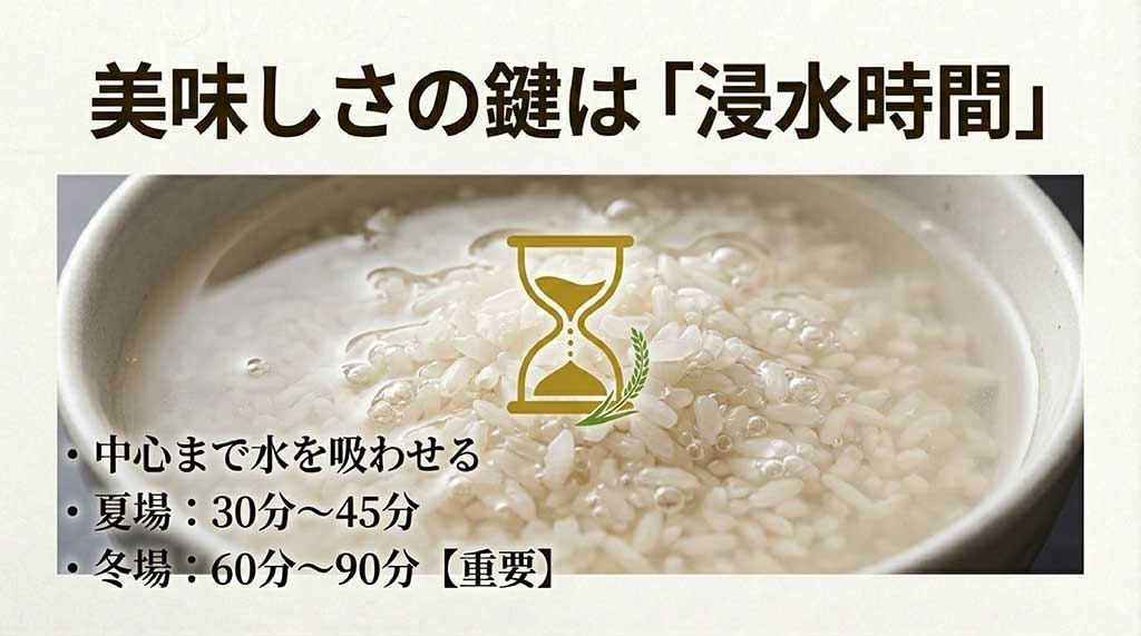 美味しい炊飯のポイント。夏場30-45分、冬場60-90分の浸水時間を推奨する解説図