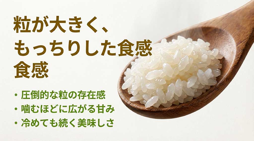 さがびよりの大粒で存在感のある見た目と、もっちりした食感、噛むほど広がる甘みの特徴