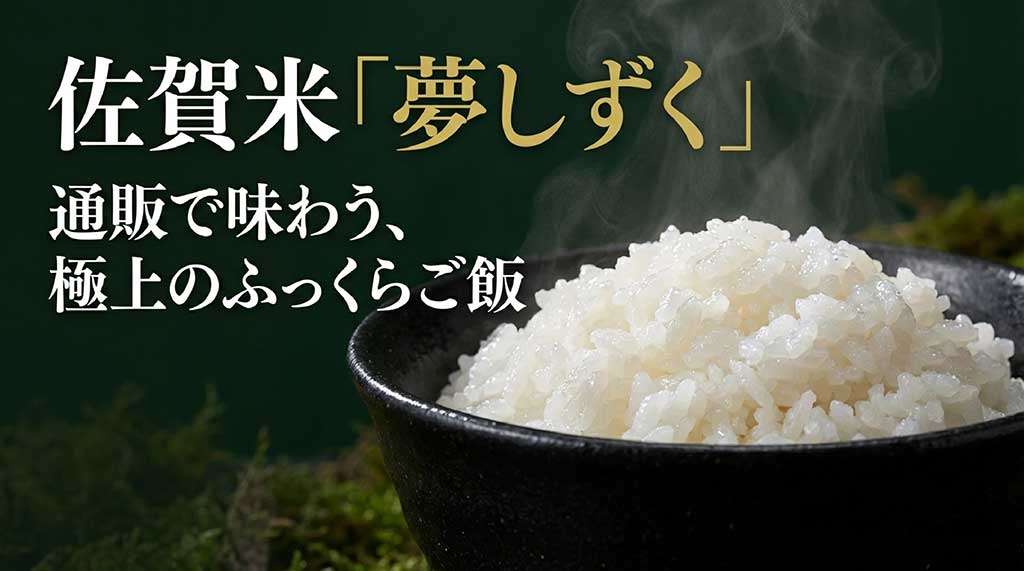 佐賀米「夢しずく」の通販お取り寄せガイドの表紙画像。極上のふっくらご飯のイメージ
