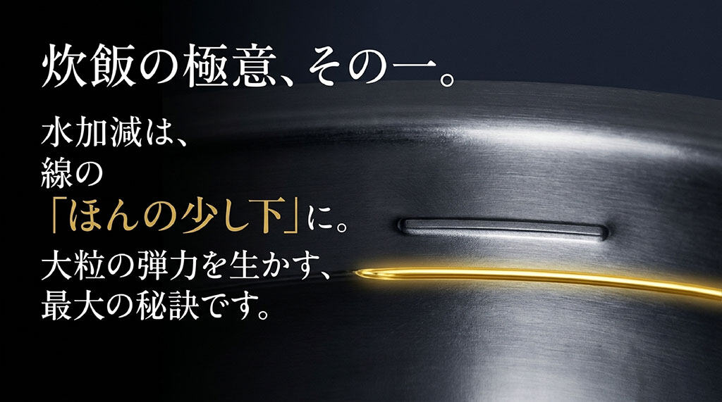 さがびより炊飯の極意その一として、大粒の弾力を生かすために水加減を線のほんの少し下にすることを説明した画像