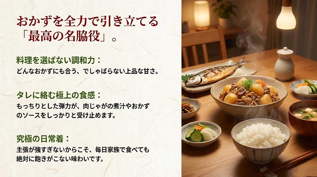 どんな料理にも合う上品な甘さと、タレに絡むもっちりとした弾力を説明するスライド