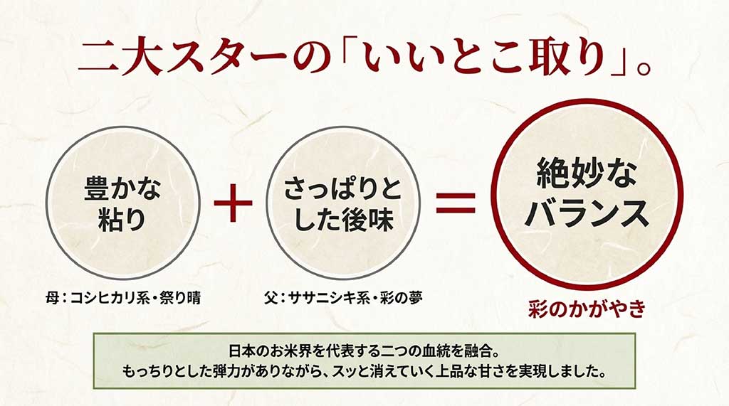コシヒカリ系の母「祭り晴」とササニシキ系の父「彩の夢」を融合した彩のかがやきの特徴