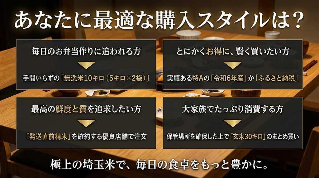 お弁当作り、節約、鮮度重視、大家族など、タイプ別に最適な「彩のきずな」の買い方を提案するまとめスライド