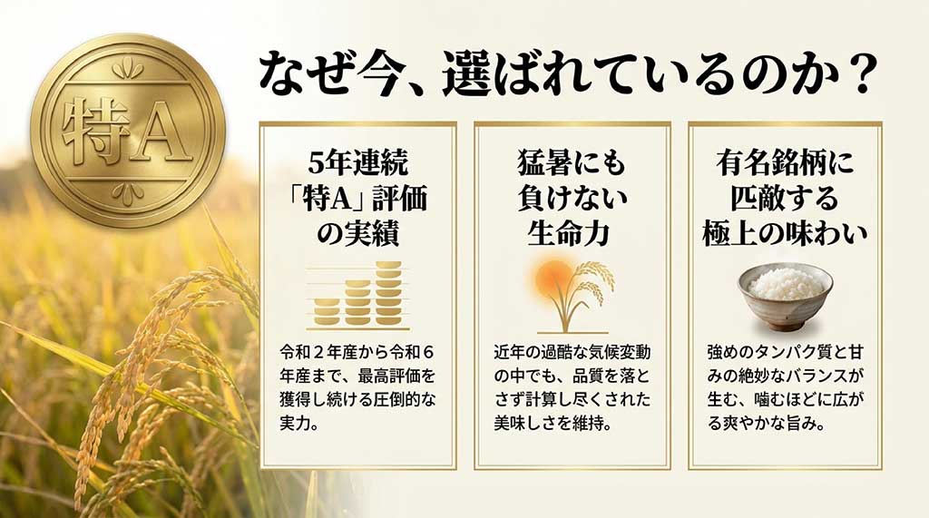 令和2年から令和6年産まで5年連続で最高評価「特A」を獲得した実績と、猛暑に強い生命力を解説するスライド