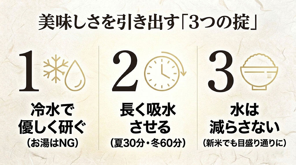 冷水で優しく研ぐ・長く吸水させる・水を減らさないという彩のきずなの美味しい炊き方3つの掟