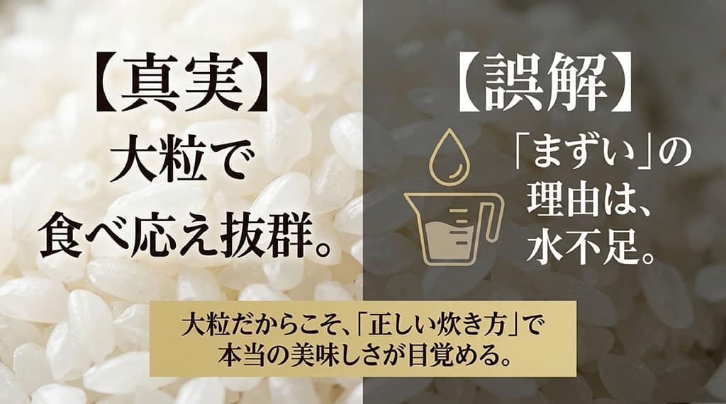 大粒で食べ応え抜群という高評価と水不足による炊飯が原因という真実の解説