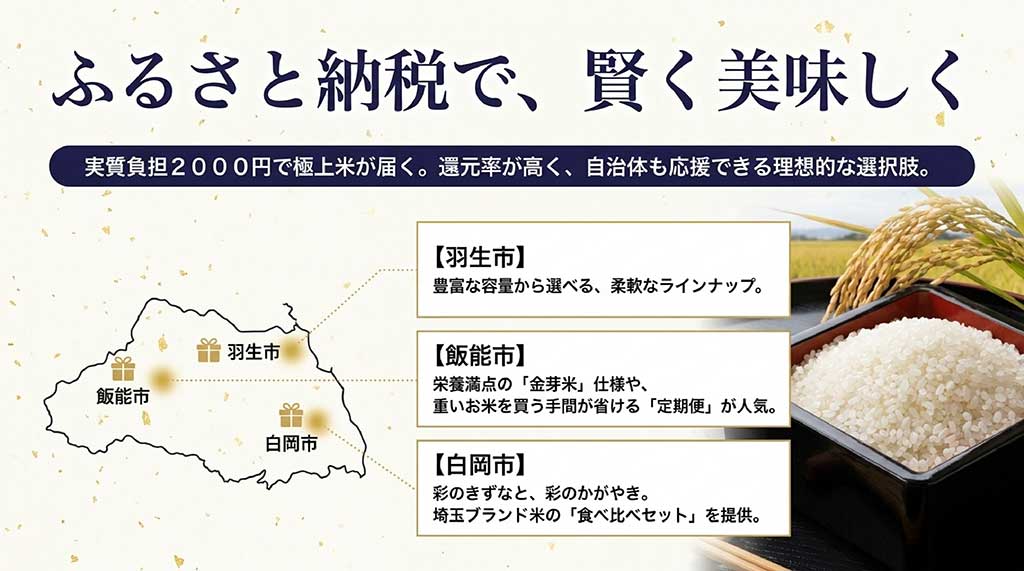 羽生市、飯能市、白岡市のふるさと納税における「彩のきずな」の特徴（定期便や食べ比べセットなど）をまとめたスライド