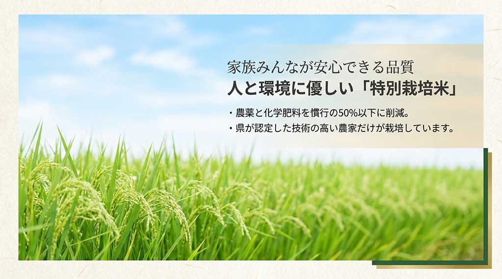 農薬・化学肥料を50%以下に削減し、県が認定した技術の高い農家だけが栽培していることを示す説明画像