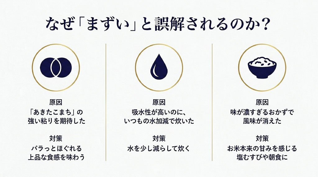 粘りの期待値のズレ、水加減のミス、おかずとの食べ合わせなど、サキホコレがまずいと言われる原因と対策をまとめたスライド。
