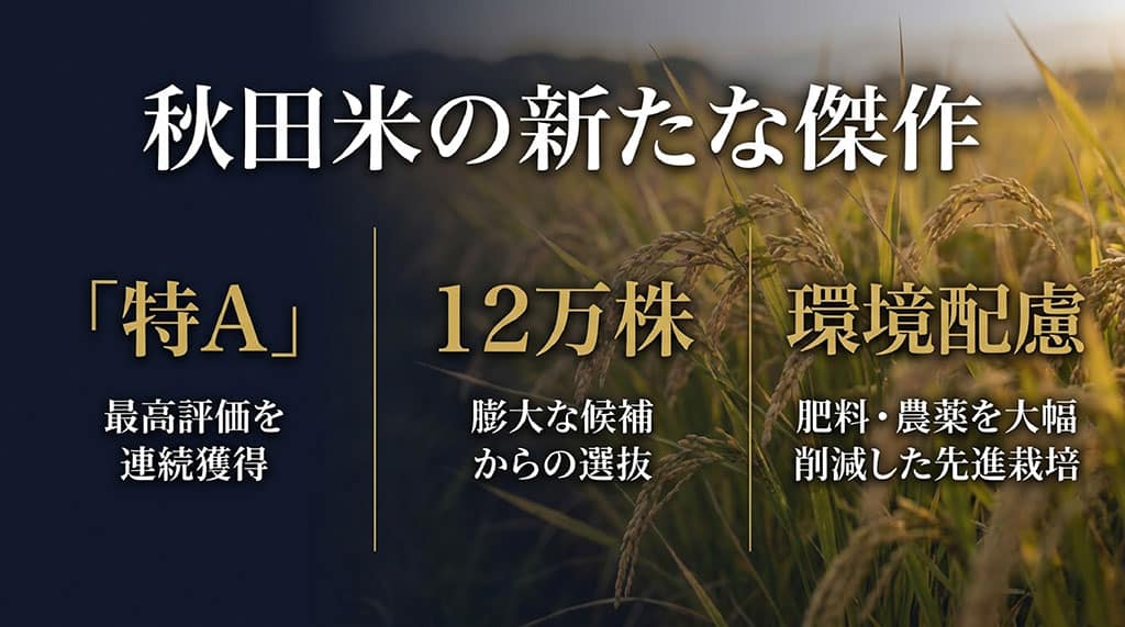 12万株からの選抜、特A連続獲得、環境配慮の先進栽培など、サキホコレの公的評価と特徴をまとめたスライド