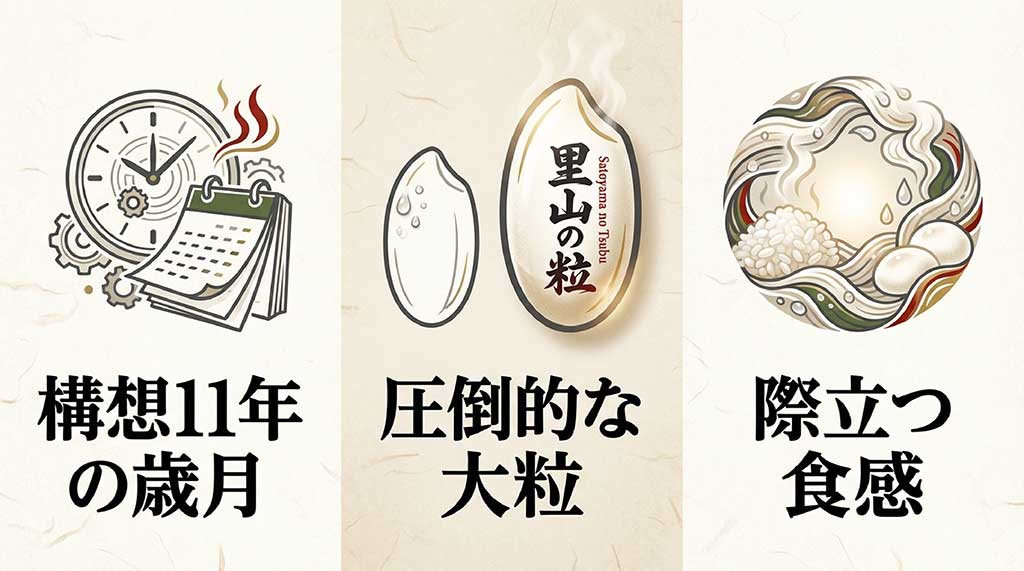 構想11年の歳月をかけ、大粒で際立つ食感を目指して開発された里山のつぶの特徴を説明するスライド
