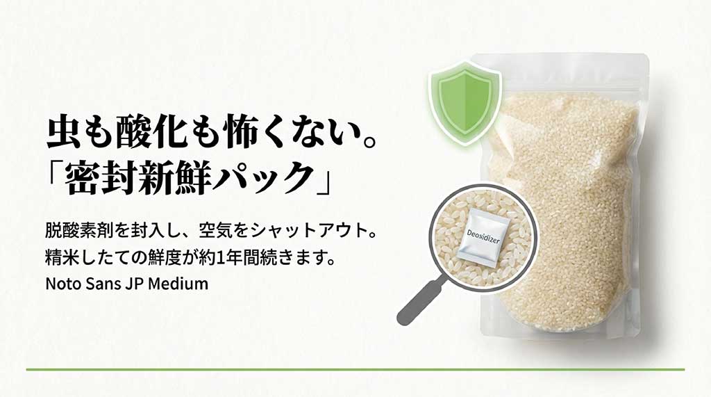 脱酸素剤を封入し空気をシャットアウトした密封新鮮パック。虫や酸化を防ぎ、精米したての鮮度が約1年間続く