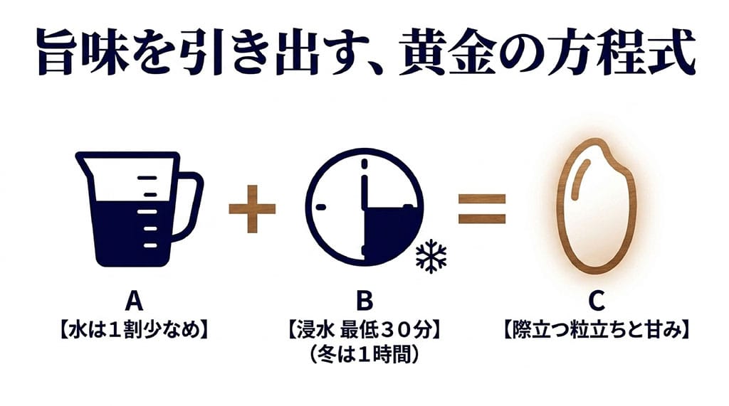 青天の霹靂の旨味を引き出す炊飯テクニックのスライド。水は1割少なめ、浸水は最低30分(冬は1時間)という条件を合わせることで、際立つ粒立ちと甘みが生まれることを示す方程式。