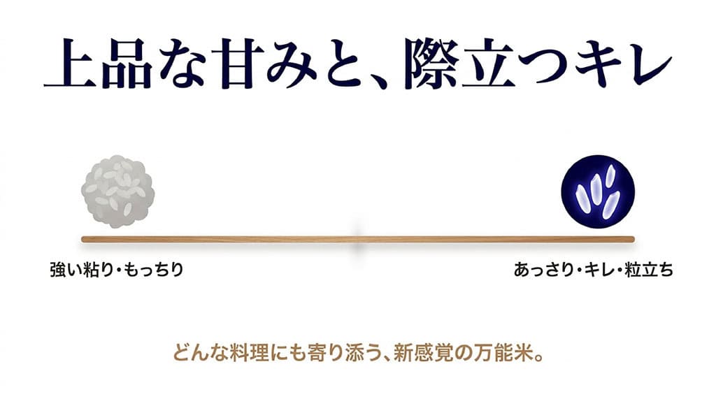 青天の霹靂の特徴である上品な甘みと際立つキレを解説するスライド。強い粘りともっちり感のある従来のお米に対し、あっさり、キレ、粒立ちが特徴で、どんな料理にも寄り添う万能米であることを示す図解。