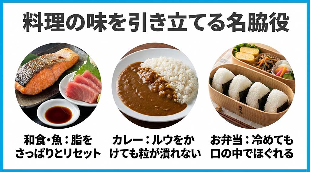 焼き魚、カレーライス、お弁当のおにぎりと相性が良いことを示す料理写真と、それぞれの相性ポイントの解説