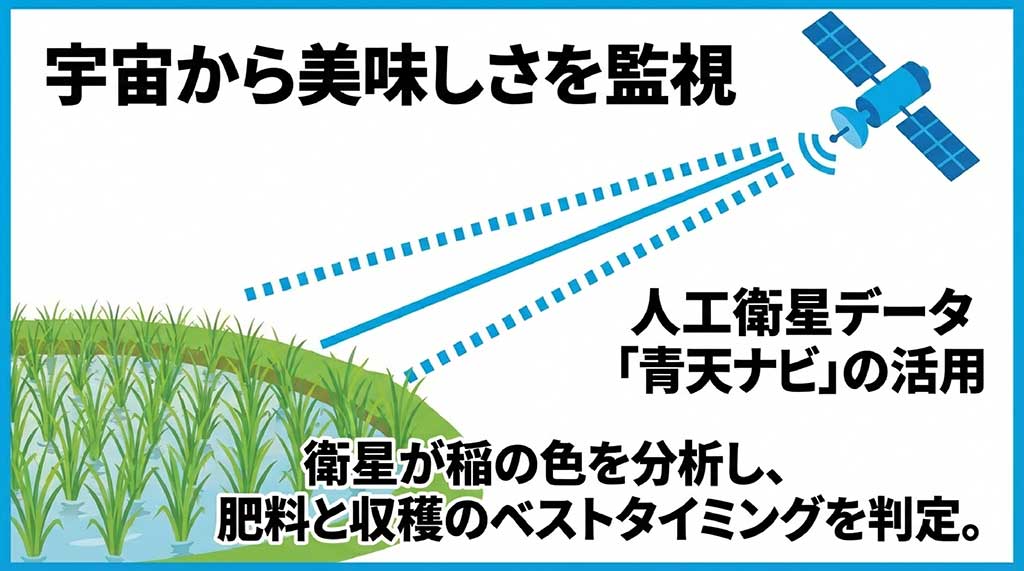 人工衛星で稲の色を分析し、肥料や収穫のベストタイミングを判定して品質を一定に保つテクノロジー「青天ナビ」の仕組み