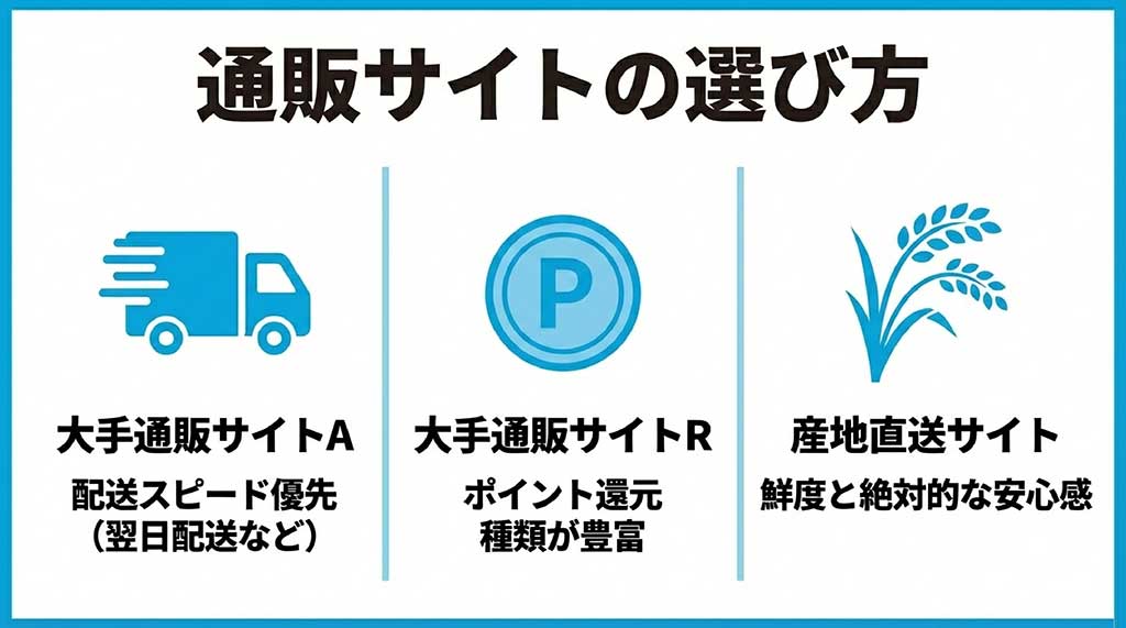 配送スピード重視のAmazon、ポイント還元の楽天市場、鮮度と安心感の産地直送サイトの比較図解
