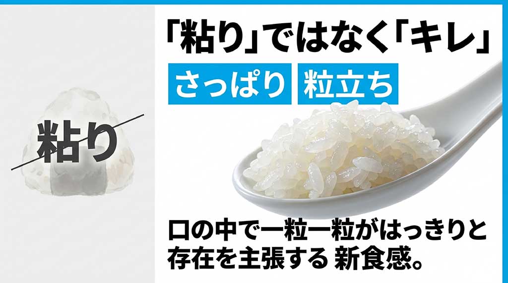 青天の霹靂の食感の特徴である「粘り」を抑えた「キレ」と、一粒一粒が口の中で存在を主張する粒立ちの図解