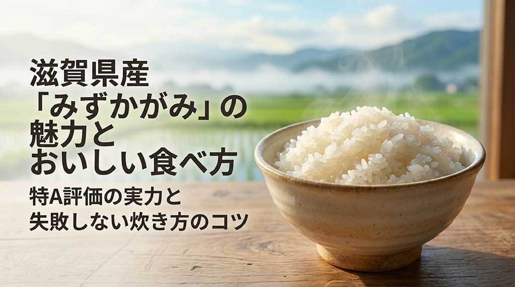 滋賀県産米みずかがみの魅力とおいしい食べ方、特A評価の実力と失敗しない炊き方のコツを紹介する表紙スライド
