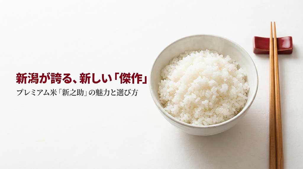 新潟の新ブランド米「新之助」のパッケージとキャッチコピーのイメージスライド