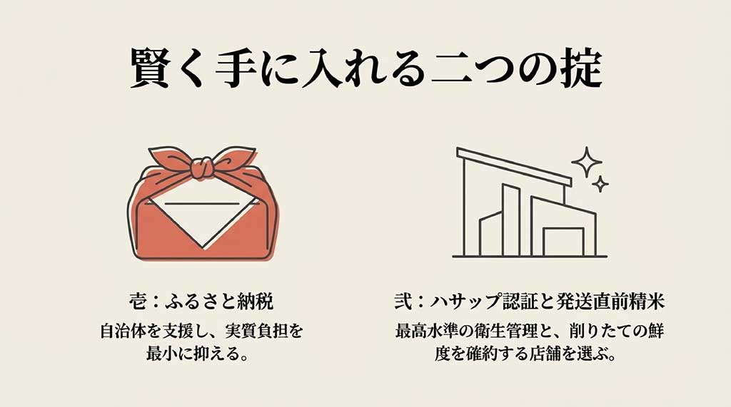 ふるさと納税の活用と、ハサップ(HACCP)認証・発送直前精米を行う店舗選びの重要性を説明するスライド