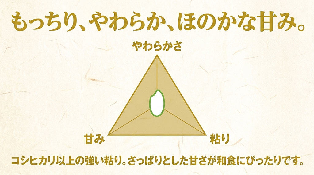 もっちり、やわらか、ほのかな甘み。コシヒカリ以上の強い粘りとさっぱりとした甘さが和食にぴったりです。