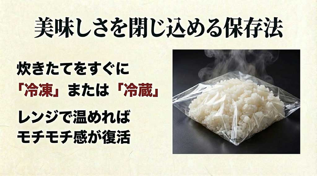 炊きたてをすぐにラップ等で包み、冷凍または冷蔵保存してレンジで復元する方法を示す画像