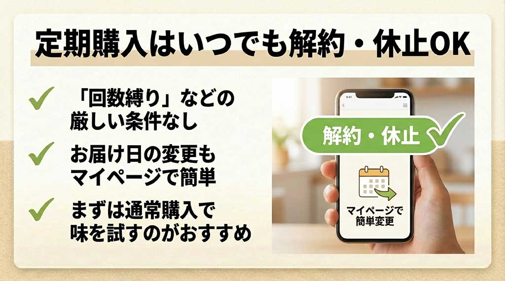 定期購入は回数縛りなしで、いつでもマイページから簡単に解約・休止が可能