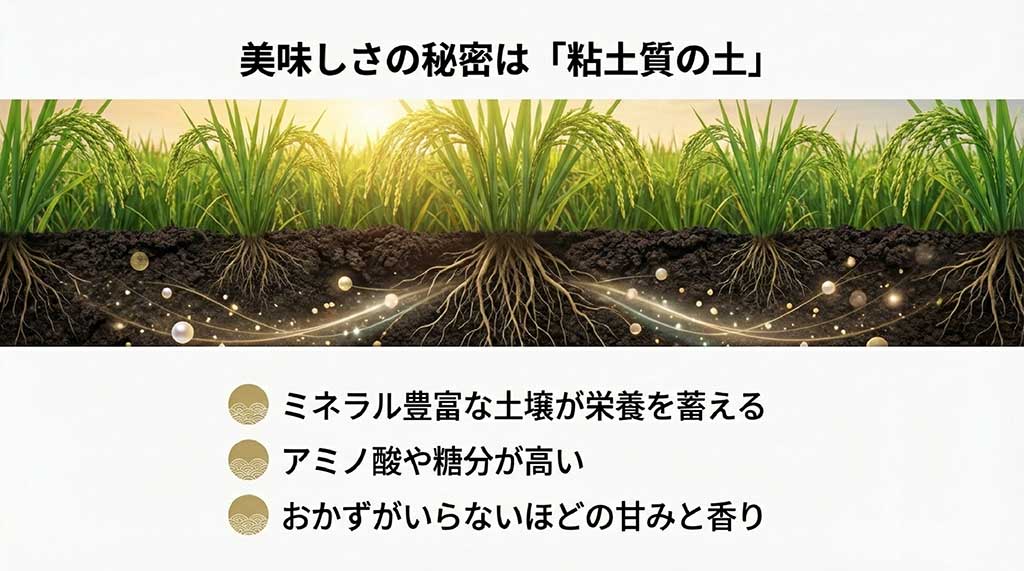 ミネラル豊富な粘土質の土壌で育つ稲の根と栄養のイメージ図