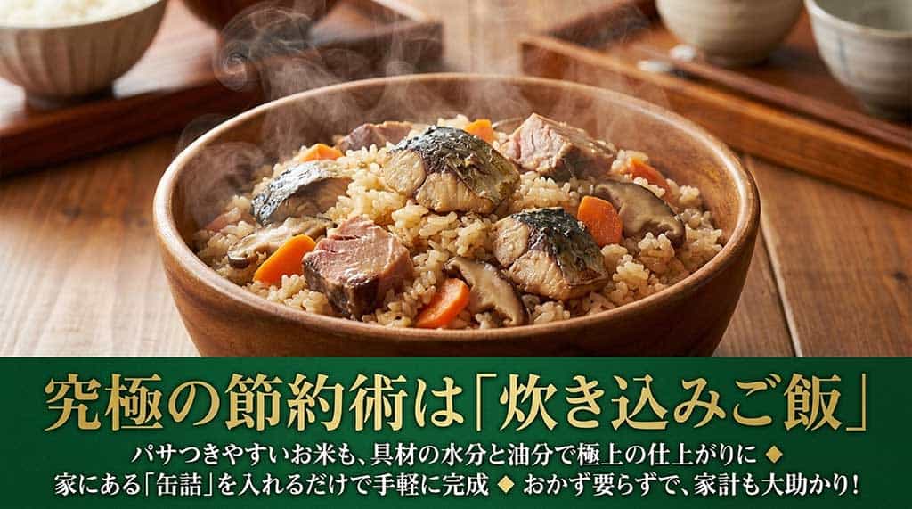 缶詰を活用してパサつきを抑え、おかず要らずで節約できる炊き込みご飯の提案