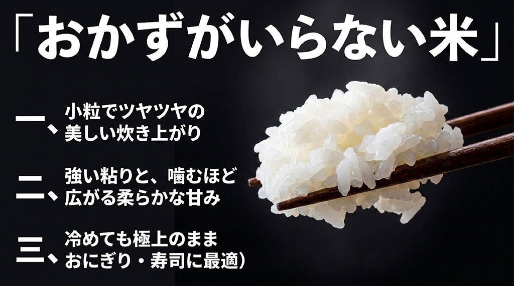 おかずがいらない米と呼ばれる多古米の3つの特徴である、美しい炊き上がり、強い粘りと甘み、冷めても極上のままという点を説明するスライド