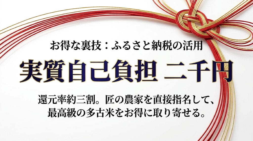 実質自己負担2000円で最高級の多古米をお得に取り寄せられる、ふるさと納税の活用法を説明するスライド