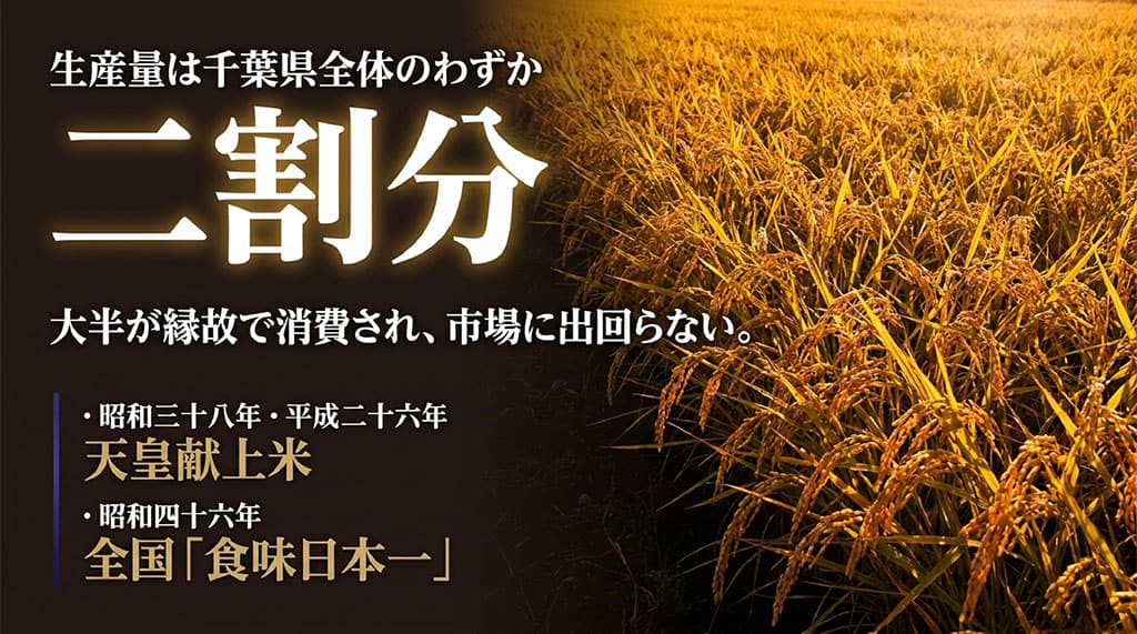 多古米の生産量は千葉県全体のわずか2%と少なく、天皇献上米や全国食味日本一に輝いた実績を紹介するスライド