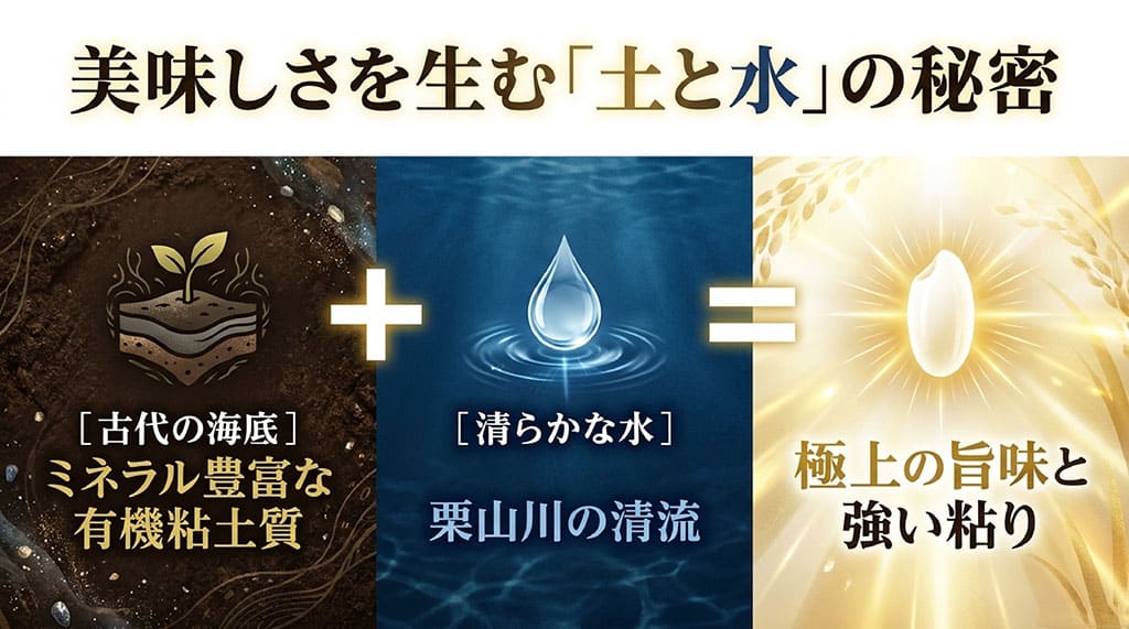 多古米の美味しさの秘密である、古代の海底だったミネラル豊富な有機粘土質と栗山川の清らかな水を図解したスライド