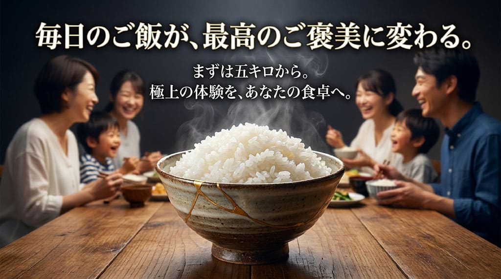 毎日のご飯が最高のご褒美に変わる多古米の魅力をまとめ、まずは5キロからの購入を勧めるスライド