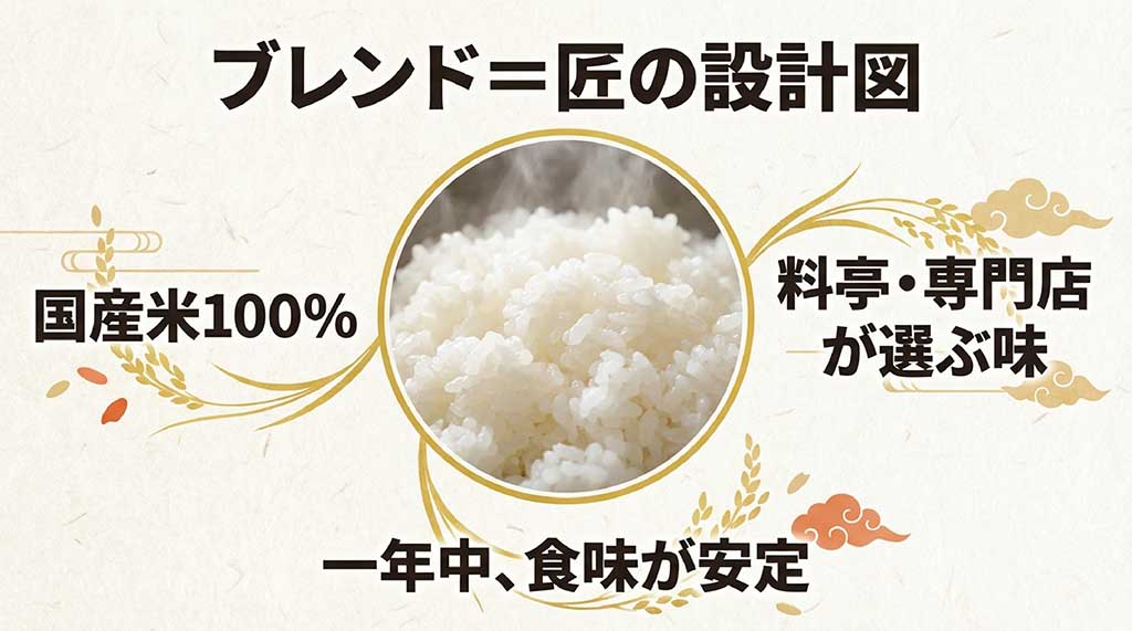 国産米100%使用、料亭や専門店が選ぶ味で一年中食味が安定していることを説明する図解