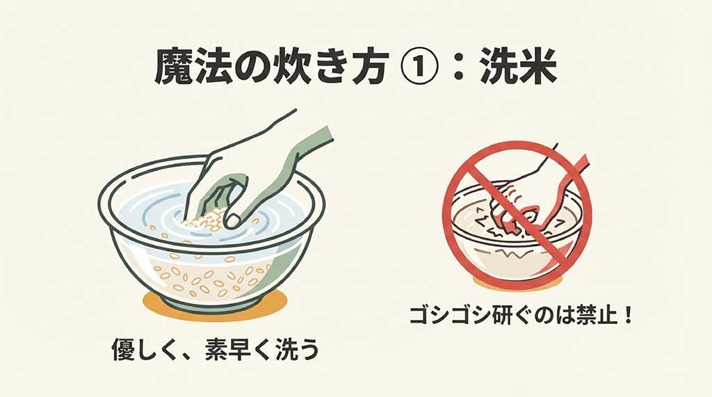お米をゴシゴシ研ぐのは禁止。優しく素早く洗う方法のイラスト