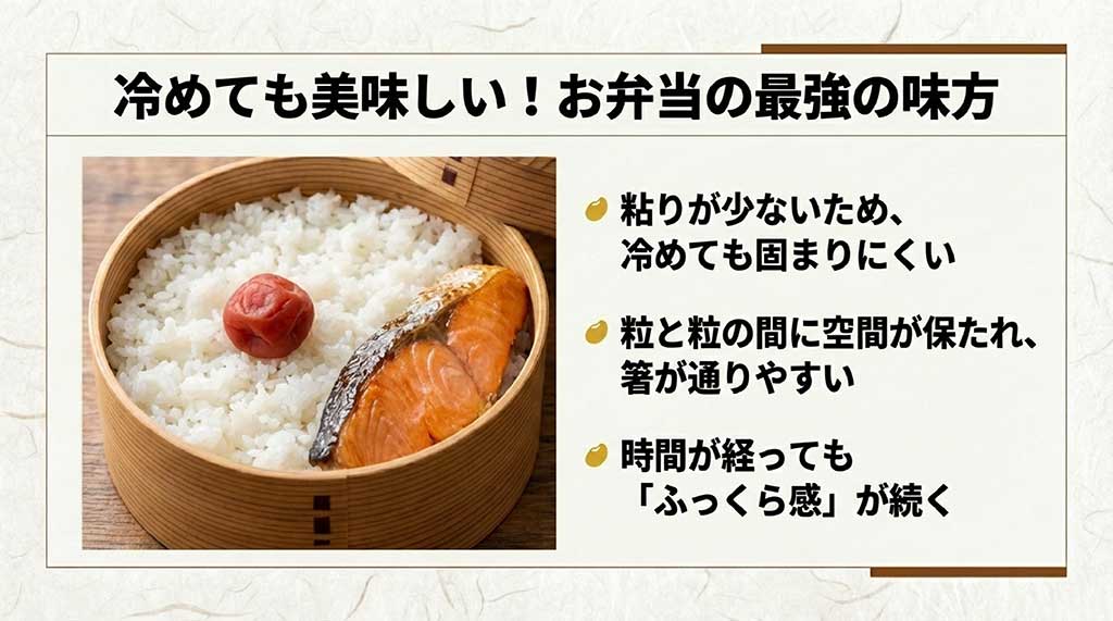 お弁当箱に入ったご飯と鮭の画像。冷めても固まりにくく、ふっくら感が続く天のつぶの特徴