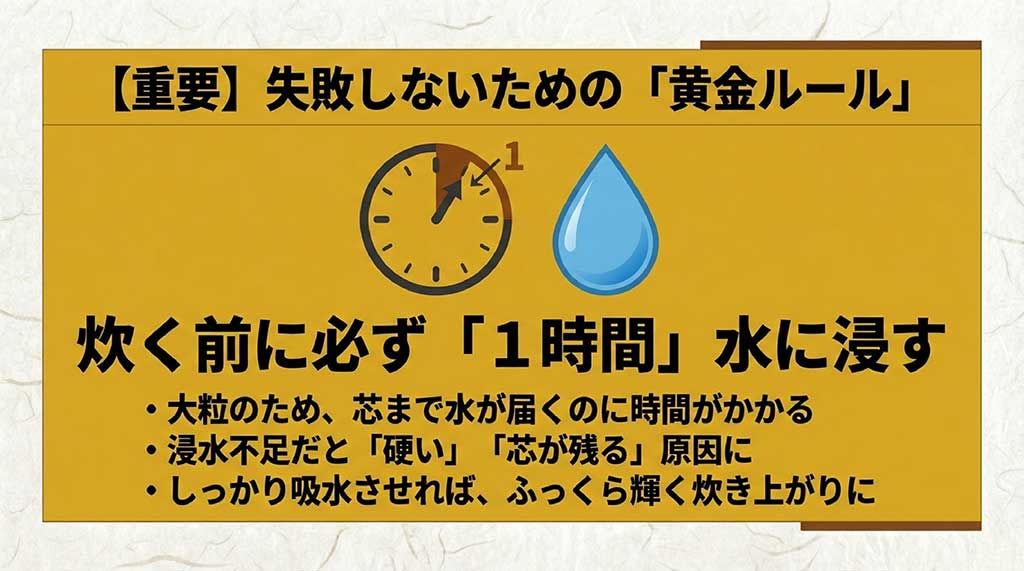 炊飯前に1時間水に浸す「黄金ルール」を説明する時計のアイコン画像