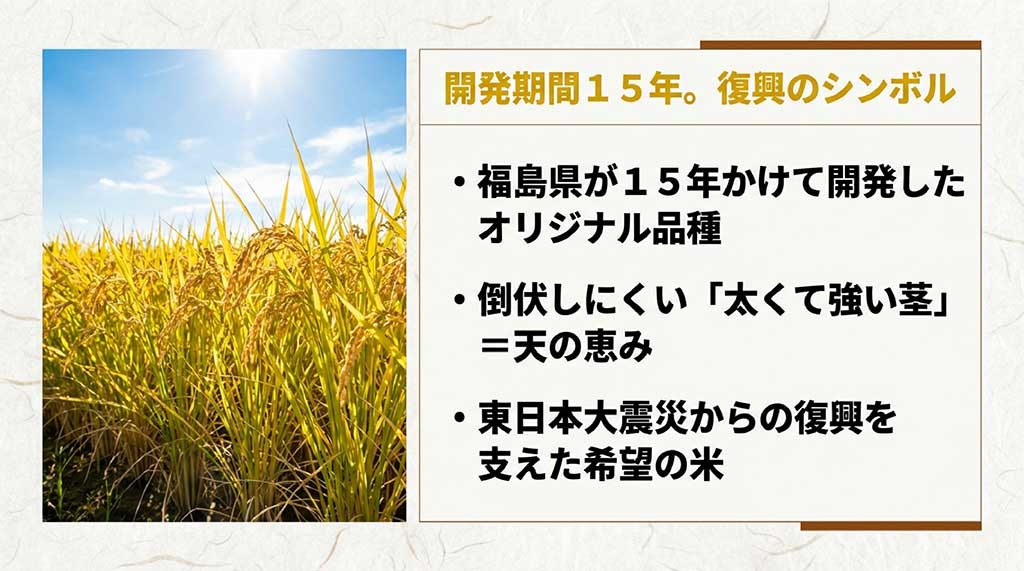 福島県が15年かけて開発したオリジナル品種「天のつぶ」の稲穂と、復興のシンボルとしての説明