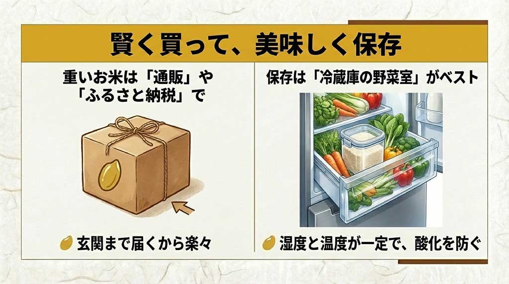 通販やふるさと納税での購入と、酸化を防ぐために冷蔵庫の野菜室で保存することを推奨するイラスト