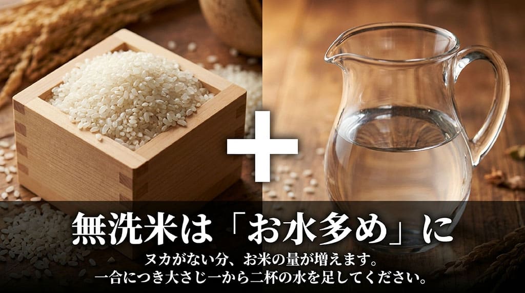 無洗米は肌ヌカがない分お米の量が増えるため、一合につき大さじ1〜2杯の水を多めにするコツを説明するスライド。