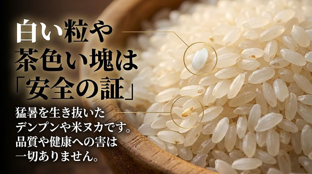 お米に混ざる白い粒(シラタ)や茶色い塊(米ヌカ)は、猛暑を生き抜いたデンプンや精米時の副産物であり、品質や健康に害はないことを説明するスライド。