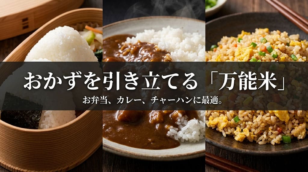 お弁当、カレー、チャーハンなどおかずを引き立てる万能米てんたかくの利用シーン。