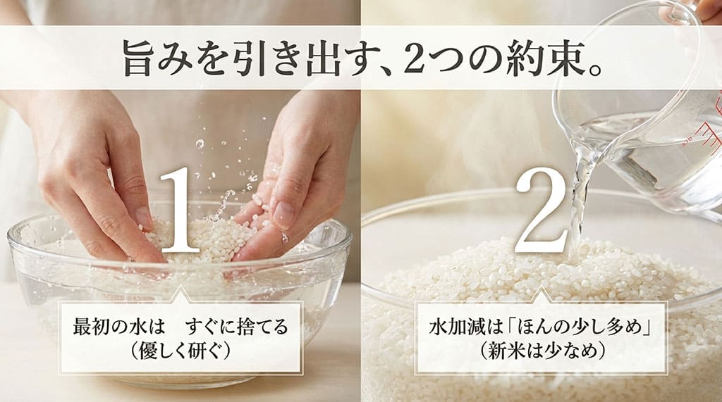 てんたかくの美味しい炊き方。最初の水はすぐに捨てることと水加減をほんの少し多めにするポイント。