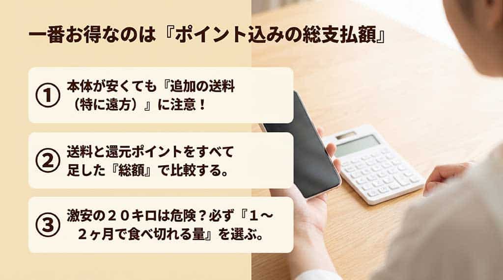 お米を通販で賢く買うための注意点スライド。ポイント込みの総支払額（総額）で比較すること、遠方の追加送料に注意すること、激安の20キロに飛びつかず1〜2ヶ月で食べ切れる量を選ぶことなどがまとめられている