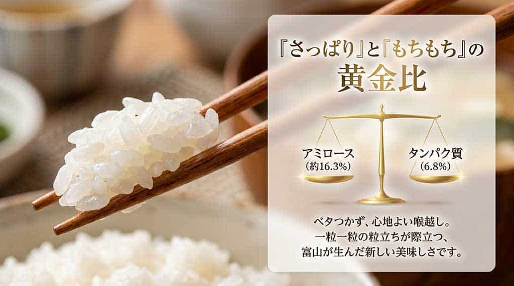 「さっぱり」と「もちもち」の黄金比を解説するスライド。アミロース約16.3%、タンパク質6.8%という成分データと、ベタつかず粒立ちが際立つ特徴が書かれている